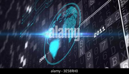 Glowing holographic globe rotating in virtual GUI, dotted ring, blue lens flare, 2008 2011 labels Stock Photo