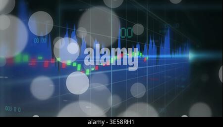 Showing financial chart receding right on dark dashboard, with candlesticks, blue waveform, grid Stock Photo