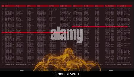 Displaying terminal table on monitor, showing MAC or IP columns, REDACTED entries, red bar, gold mes Stock Photo