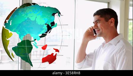 Talking man in white shirt holding smartphone at windows with globe and buildings, copy space Stock Photo