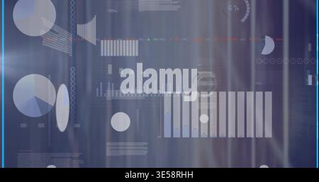Displaying digital dashboard floating over blue-gray backdrop, showing pie charts, bars, ring gauge Stock Photo