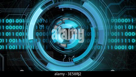 Central HUD receiving pulse, rotating rings and streaming binary, displaying tech status Stock Photo