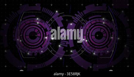 Displaying two concentric circular HUD interfaces on black starfield, showing hex frames and nodes Stock Photo