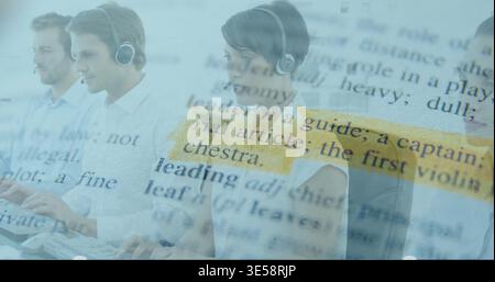 Showing agents typing in collared shirts at call center headsets keyboards yellow leader highlight Stock Photo