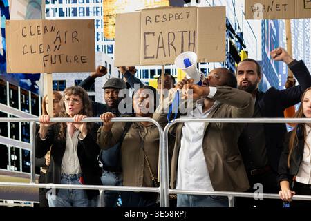 African american man with megaphone leading a climate protest with banners, diverse crowd of activists marching on the street for planet Earth. Awareness for global warming and pollution. Stock Photo