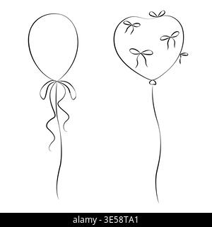 Hand-drawn birthday, wedding or party decor elements, air balloons with bows in line art graphic style Stock Vector