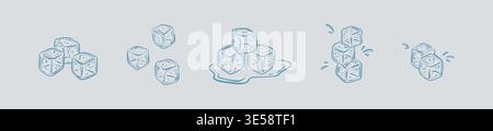 Hand drawn crayon sketch ice cubes in cold blue water. Cold drink freezing. Ice block pyramid, tower, building. Sugar falling into liquid splash. Dood Stock Vector