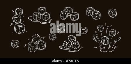 Ice cube hand drawn white chalk scribbles on the blackboard. Charcoal melting ice blocks drawing on the black chalkboard with drops, puddle, droplet, Stock Vector