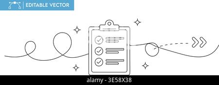 Continuous line illustration of a clipboard with completed tasks, symbolizing successful project management and workflow. Stock Vector