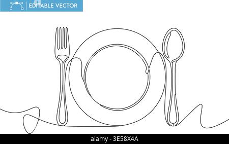 Continuous line drawing of a complete table setting with a plate, fork, and spoon vector illustration. Stock Vector