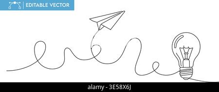 Continuous line art illustration of a paper plane's journey connecting to a bright idea lightbulb. Stock Vector