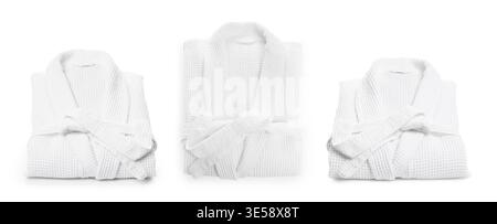 Clean folded bathrobe on white background, collage Stock Photo