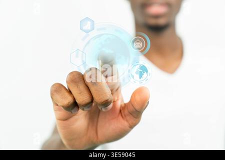 the hand of a man touching a virtual screen Stock Photo