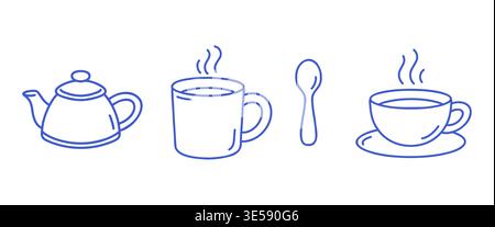 Tea time icons set with teapot, hot mug, spoon and teacup with saucer. Blue line vector on white background. Stock Vector