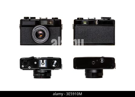 Vintage black rangefinder film camera shown from four angles on a white background. Stock Photo