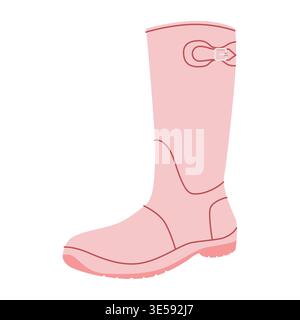 Pink buckle rubber rain boot women flat pair. Waterproof with side buckle for rainy stroll, wet terrain. Technical fashion illustration CAD mockup smooth vector men unisex isolated glamorous style Stock Vector