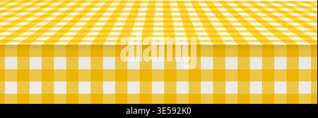 Picnic or kitchen table surface with checkered yellow and white gingham tablecloth. Perspective view. Italian cafe or restaurant interior element. Breakfast or dinner background. Vector illustration. Stock Vector