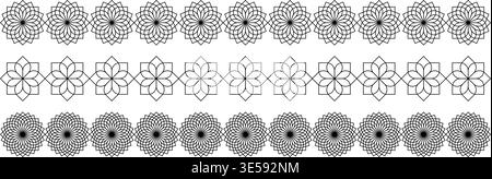 Set of borders with flower shapes isolated on white background. Floral dividers with lotus or chrysanthemum silhouettes. Elegant page separators. Vector graphic illustration. Stock Vector