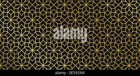 Art deco pattern with repeated golden flower shapes on dark background. Luxury floral grid. Elegant minimalistic wallpaper. Golden Arabian mosaic print. Abstract ornament. Vector illustration. Stock Vector