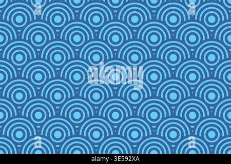 Repeated blue overlapped circles. Classic Asian style seamless pattern. Sea or ocean water background. Dragon, snake or fish scale texture. Abstract oriental ornament. Vector flat illustration. Stock Vector