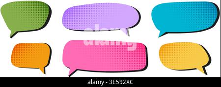 Set of colorful speech bubbles with dotted halftone shadows in corners. Dialogue clouds, chat boxes, quote balloons, offer tags, idea labels in pop art style. Vector cartoon illustration. Stock Vector