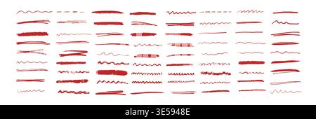 Line underline crayon and pencil brush red with emphasis highlight color. Doodle vector strike and wave pen through with under chalk felt. Stroke strikethrough frame and memo illustration sign. Stock Vector