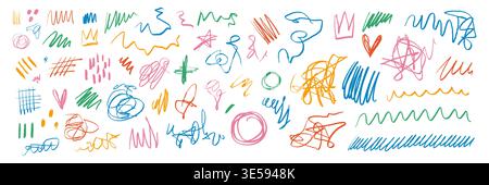 Crayon pencil scribble with chalk color line and texture splash text. Marker drawing pen with messy pastel hand and vector stripe squiggle. Scrawl background playful with divider pattern doodle. Stock Vector