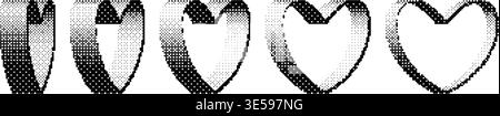 Bitmap halftone heart set. Pixelated heart-shaped design elements for banner, poster, leaflet, sticker, collage. Dither 3d rasterized outline hearts collection. Vector Y2K 8 bit figures in perspective Stock Vector