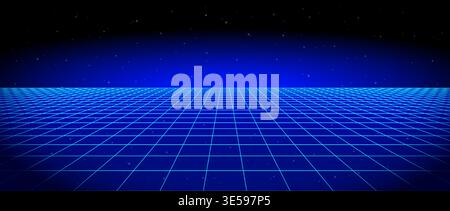 Blue glow neon wireframe background. Dark shining checkered grid floor plane in perspective. Bright retro futuristic horizon wallpaper. Arcade game sci fi matrix landscape surface. Vector backdrop Stock Vector