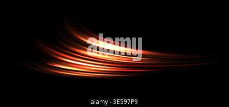 Red light trail element. Glowing neon speed line wave. Hot fire color luminous curved path concept. Bright fiery streaks for poster, banner, flyer. Abstract bent dynamic motion stripes. Vector Stock Vector