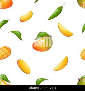 Vector seamless pattern featuring a whole mango and slices Stock Vector