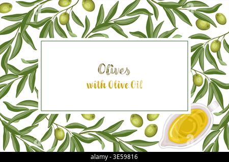 Olive oil and branches with fruit card background. Top view vector rectangular illustration for cafe menu and restaurant template. Italian food cartoon drawing perfect for product packaging design. Stock Vector