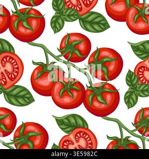 Tomato cherry branch and basil leaf vector seamless pattern. Hand drawn vegetable on white background. Organic garden food for restaurant menu design. Natural kitchen print for wallpaper and textile. Stock Vector