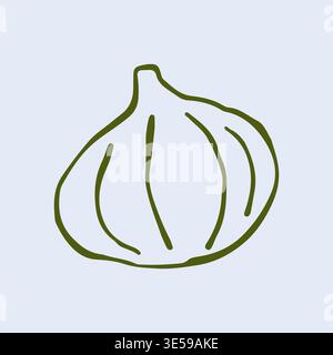 Hand drawn vector illustration of a whole garlic bulb with cloves and root details. Minimalist brown line art icon of a healthy vegetable for farm Stock Vector