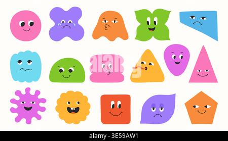 Geometric characters set, blob shapes and expressive comic smiling childish faces. Abstract playful figures with eyes, emotions quirky forms. Fun modern cartoon geometry drawing happy face elements Stock Vector