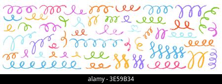 Seamless chalk pencil wavy swirl line pattern crayon scribble set. Flowing curves and continuous squiggle strokes. Doodle lines forming undulating curvy stripes. Decorative border colored linework Stock Vector