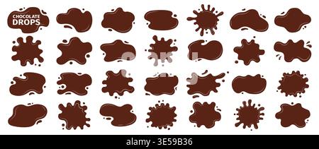 Liquid shapes chocolate stains silhouettes set. Fluid puddles, wavy splashes, blobs. Bubble coffee organic drops. Smooth blotches, soft uneven spills drips abstract shapes frames backgrounds design Stock Vector