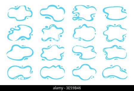 Liquid shapes icon or sign set. Symbol fluid puddles, wavy stains splashes blue water drops blobs. Bubble watery forms background for text. Smooth blotches soft uneven spills drip shapes frames design Stock Vector