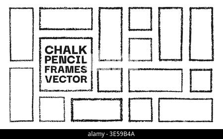 Chalk pencil frame set grunge hand drawn rectangles squares shapes. Rough crayon, brush strokes sketchy borders scribble boxes. Doodle style text frames with distressed texture and playful chalkboard Stock Vector