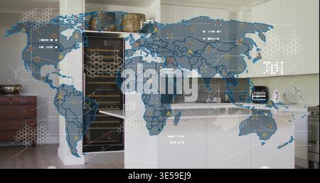 Projecting digital world map overlay over home kitchen showing island with chrome tap, wine fridge Stock Photo