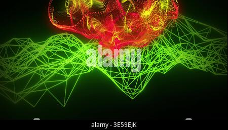 Displaying neon-green mesh terrain hovering under red particle cloud in 3D space, glowing nodes Stock Photo