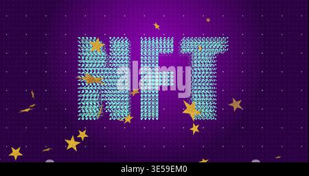 Featuring NFT letters formed from turquoise avatars on purple backdrop grid with light, gold stars Stock Photo