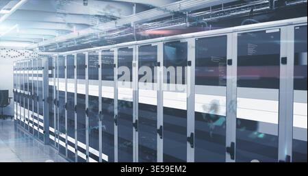 Displaying long bank of glass server racks lining data center aisle, with overhead cable trays Stock Photo