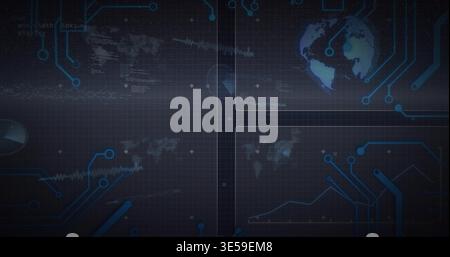 Displaying abstract HUD graphics pulsing in virtual dashboard, with globe, circuit traces, charts Stock Photo