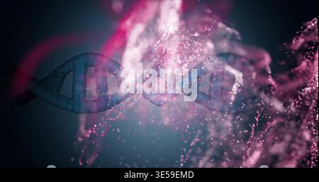 Floating blue DNA double helix spiraling in dark teal-to-black backdrop, with pink particle clouds Stock Photo