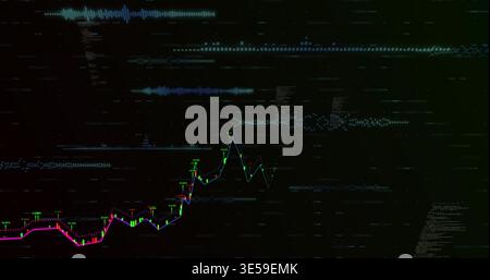 Displaying financial chart showing rising candlestick bars on dark screen, with blue line, markers Stock Photo