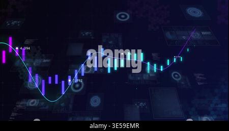 Displaying digital chart tracing glowing line on finance UI, showing neon bars, data nodes Stock Photo