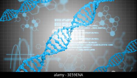 Displaying blue DNA helix rotating across gray grid, showing hexagon motifs, ECG waveform, code Stock Photo