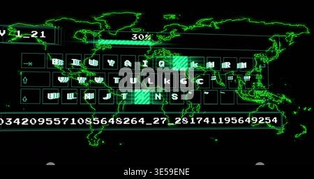 Displaying neon green world map with virtual keyboard overlay in terminal, striped keys and 30% bar Stock Photo
