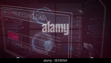 Displaying translucent HUD panel showing four data tiles on virtual network dashboard, with radar Stock Photo